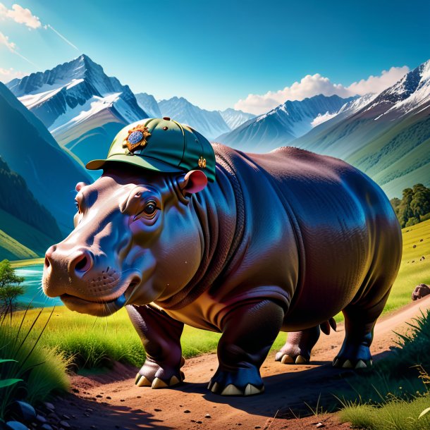 Pic of a hippopotamus in a cap in the mountains