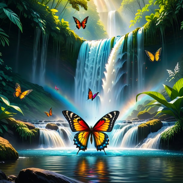 Image of a dancing of a butterfly in the waterfall