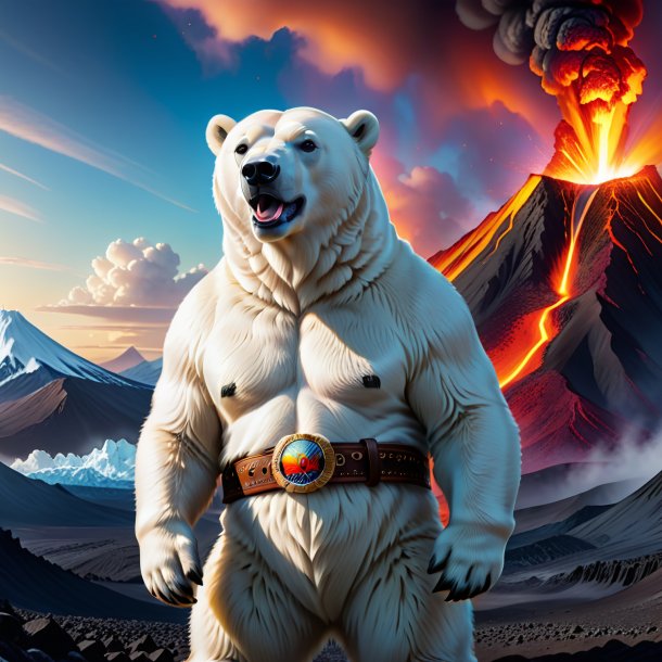 Illustration of a polar bear in a belt in the volcano