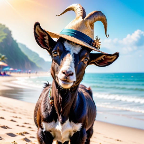 Uma cabra em um chapéu na praia