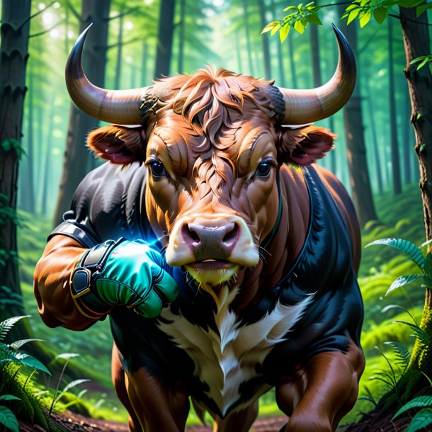 Picture of a bull in a gloves in the forest