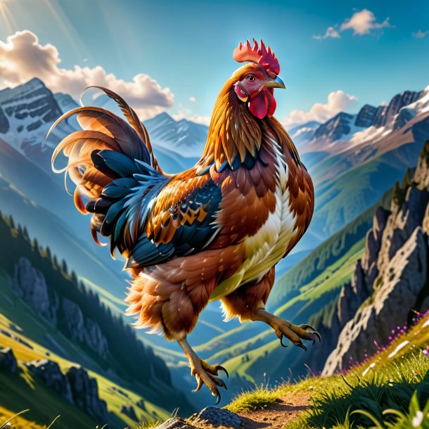 Pic of a jumping of a hen in the mountains