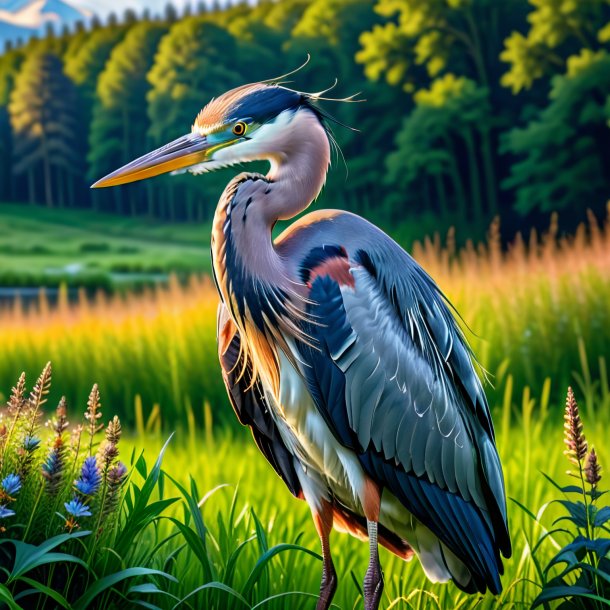 Pic d'un héron dans une veste dans la prairie