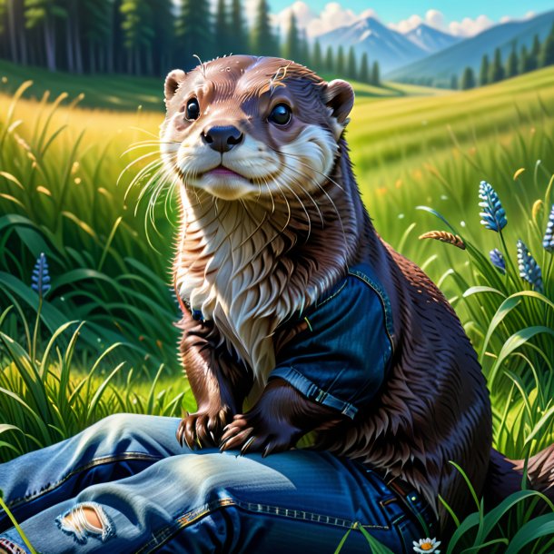 Drawing of a otter in a jeans in the meadow