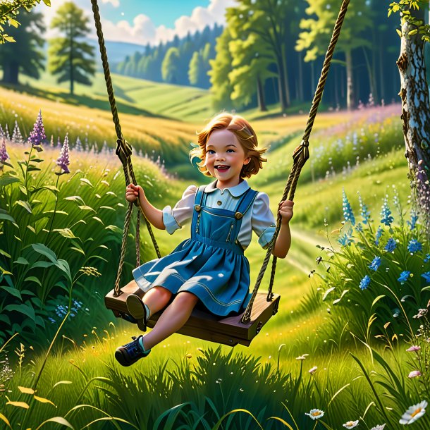 Image of a swinging on a swing of a haddock in the meadow