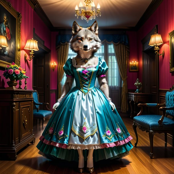 Image of a wolf in a dress in the house