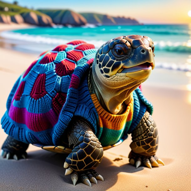 Image of a tortoise in a sweater on the beach