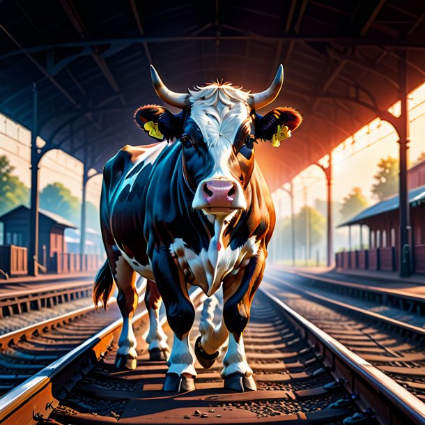 Illustration of a cow in a gloves on the railway tracks