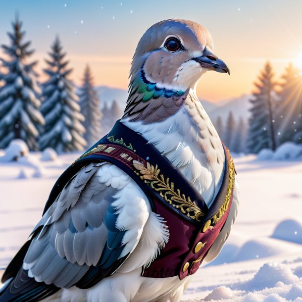 Picture of a dove in a vest in the snow