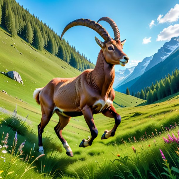 Pic of a jumping of a ibex in the meadow