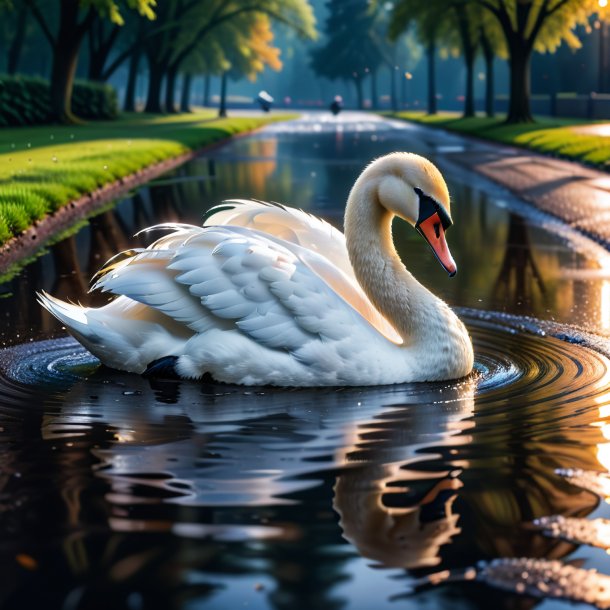 Photo of a swan in a belt in the puddle