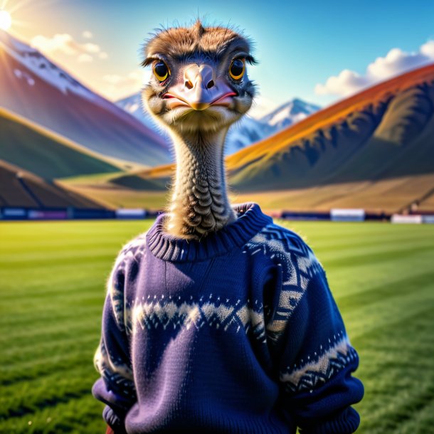 Image of a ostrich in a sweater on the field