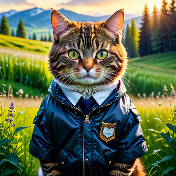 Pic d'un chat dans une veste dans la prairie