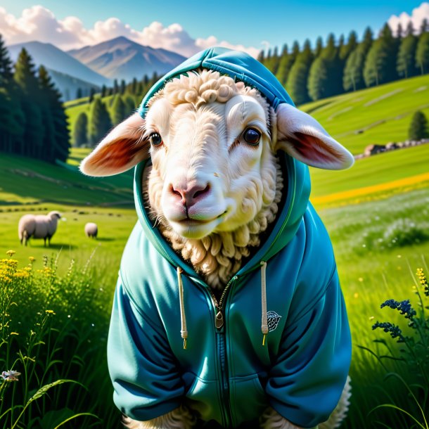 Pic of a sheep in a hoodie in the meadow