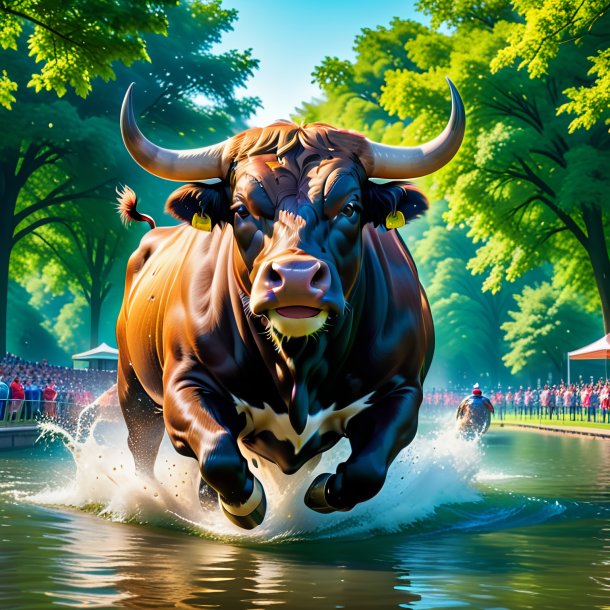 Photo of a swimming of a bull in the park