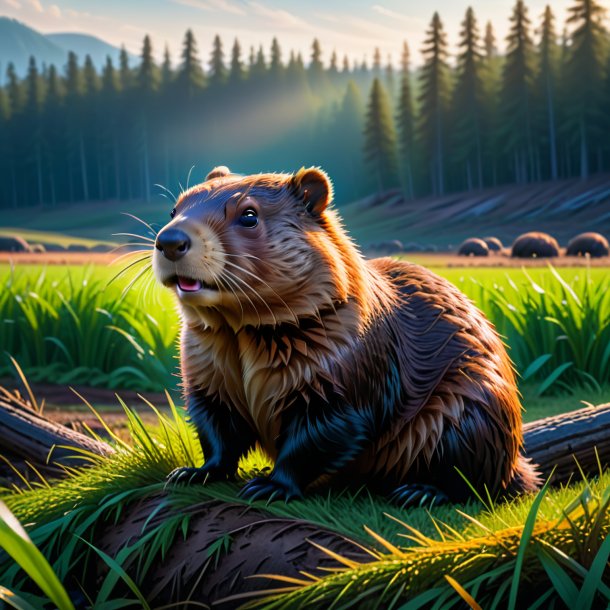 Image of a waiting of a beaver on the field