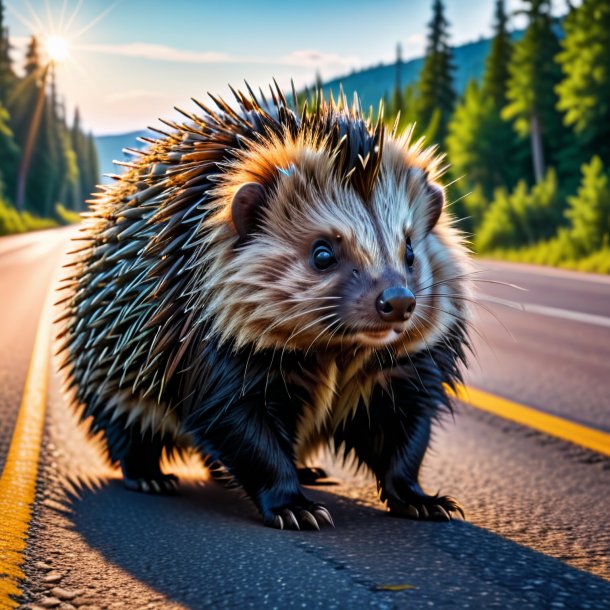 Picture of a waiting of a porcupine on the road