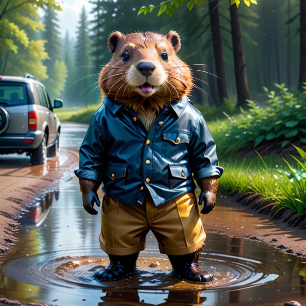 Illustration of a beaver in a trousers in the puddle