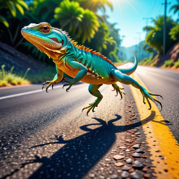 Pic of a jumping of a lizard on the road