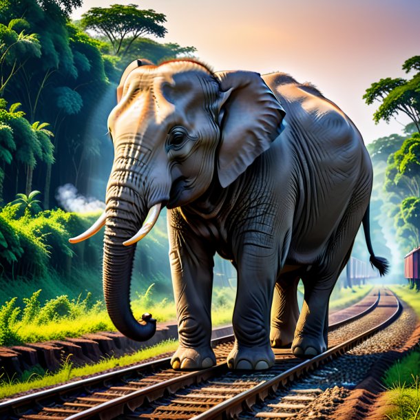 Foto de una comida de un elefante en las vías del tren