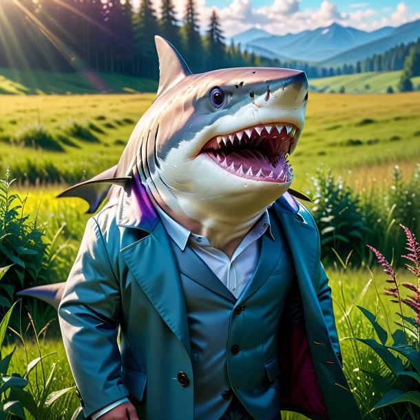 Photo of a shark in a coat in the meadow