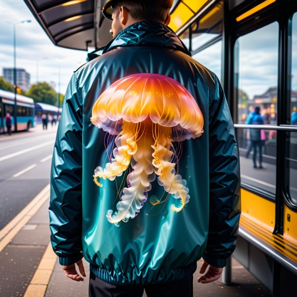 Pic of a jellyfish in a jacket on the bus stop