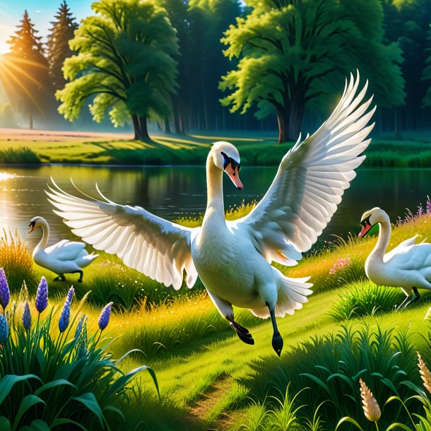 Photo of a jumping of a swan in the meadow