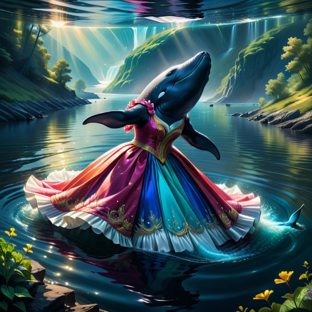 Drawing of a whale in a dress in the river