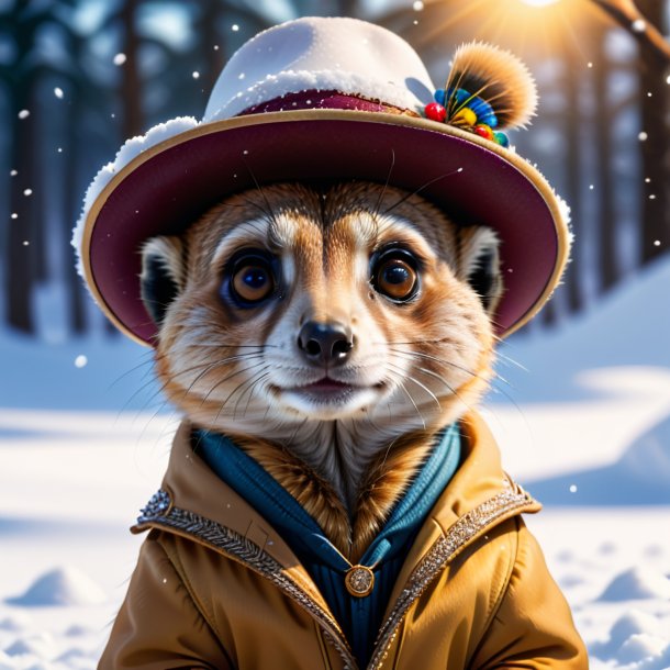 Pic of a meerkat in a hat in the snow