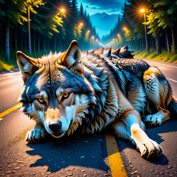 Photo of a sleeping of a wolf on the road