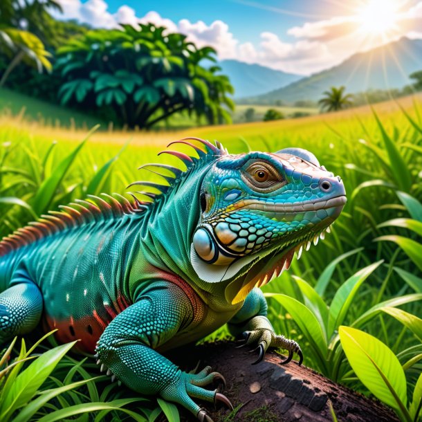 Photo of a resting of a iguana in the meadow