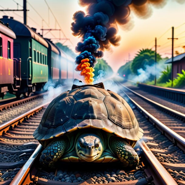 Foto de un fumar de una tortuga en las vías del tren