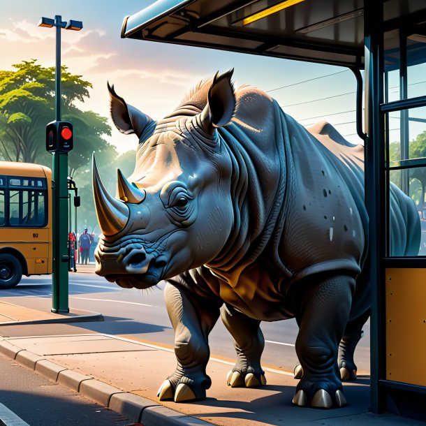 Picture of a angry of a rhinoceros on the bus stop