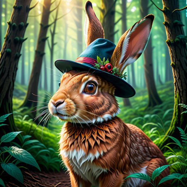 Drawing of a hare in a hat in the forest