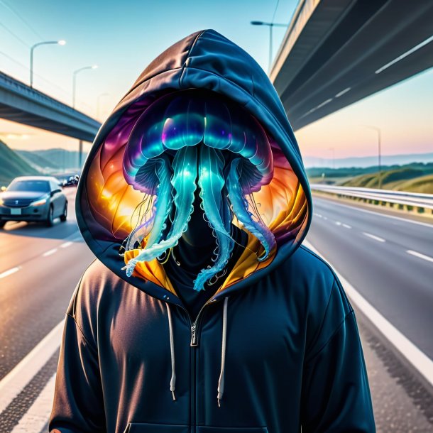 Image of a jellyfish in a hoodie on the highway