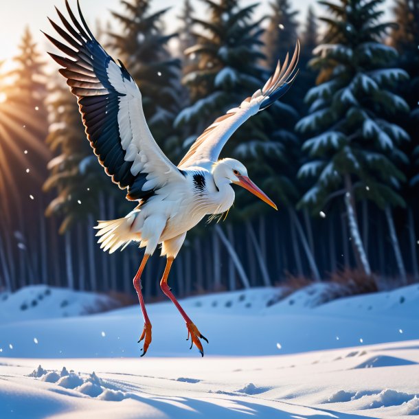 Photo of a jumping of a stork in the snow