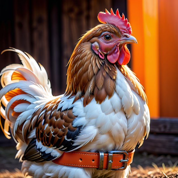 Foto de una gallina en un cinturón naranja