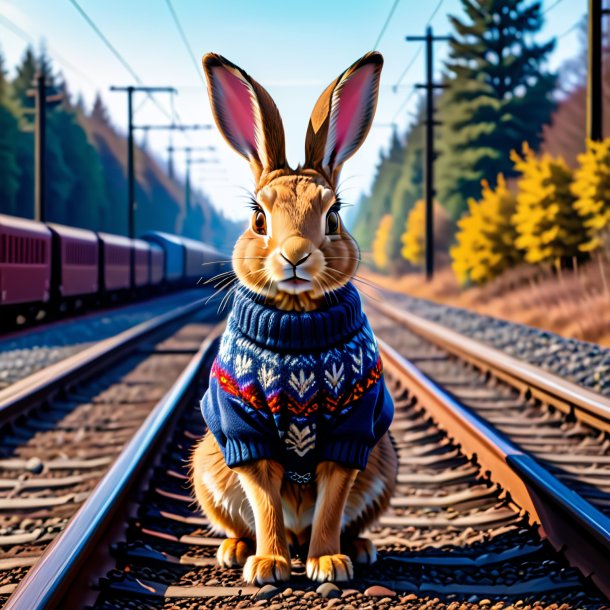 Foto de una liebre en un suéter en las vías del tren