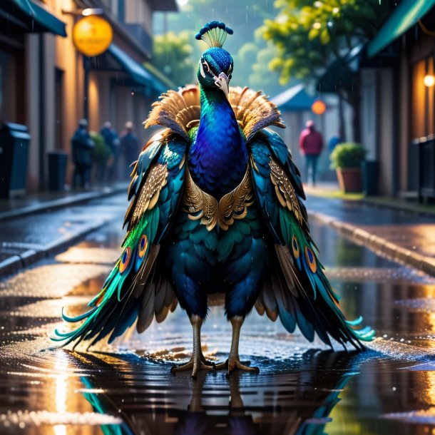 Picture of a peacock in a jacket in the puddle