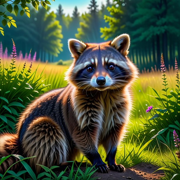 Pic of a waiting of a raccoon in the meadow