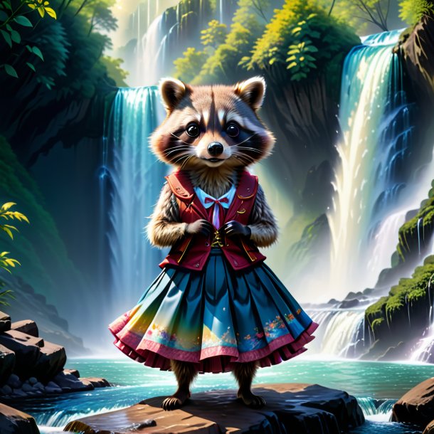 Illustration of a raccoon in a skirt in the waterfall