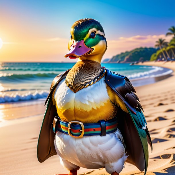 Retrato de um pato em um cinto na praia