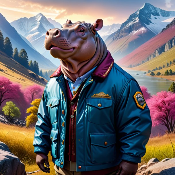 Picture of a hippopotamus in a jacket in the mountains