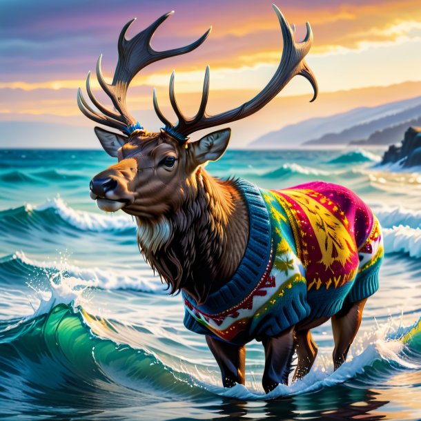 Image d'un wapiti dans un pull dans la mer