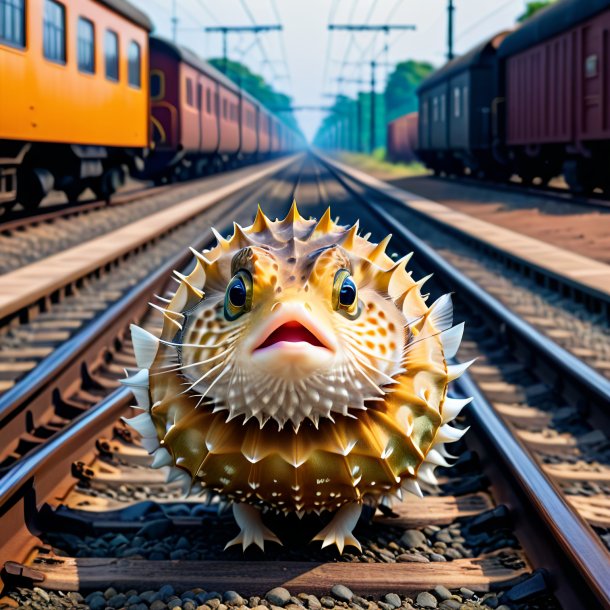 Picture of a pufferfish in a dress on the railway tracks