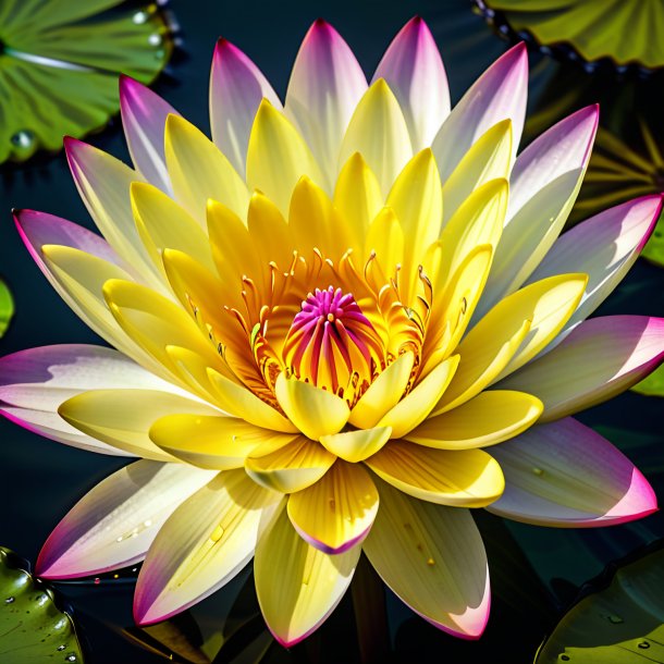 "depiction of a magenta water lily, yellow"