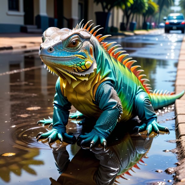 Foto de uma iguana em uma luvas na poça