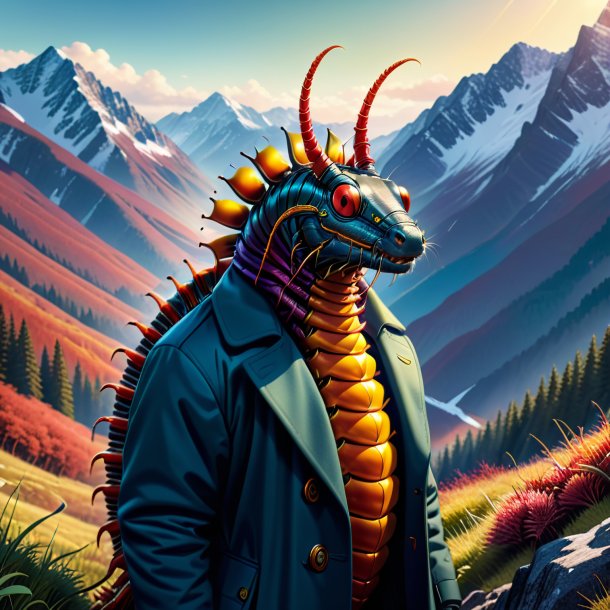 Illustration of a centipede in a coat in the mountains