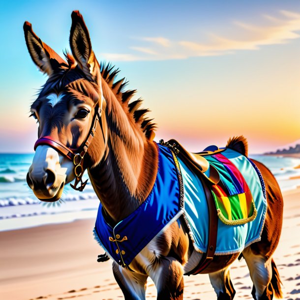 Fotos de um burro em um colete na praia