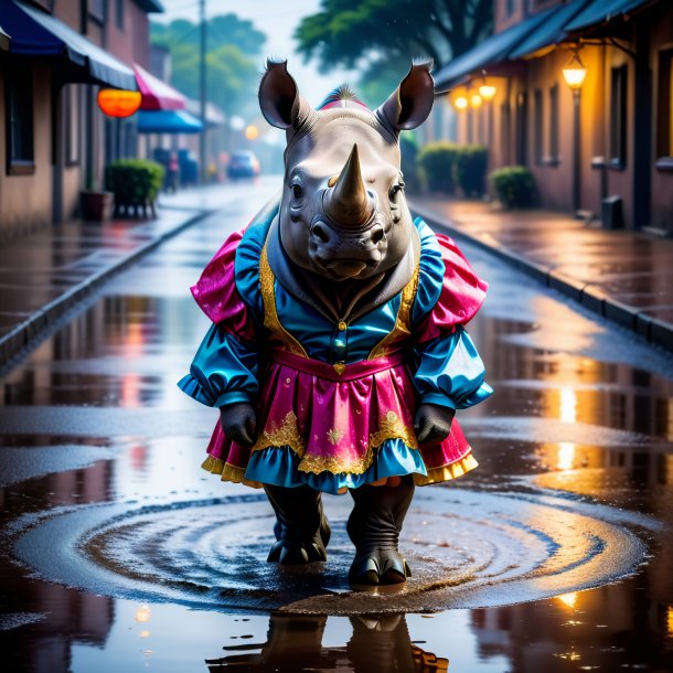 Photo of a rhinoceros in a dress in the puddle